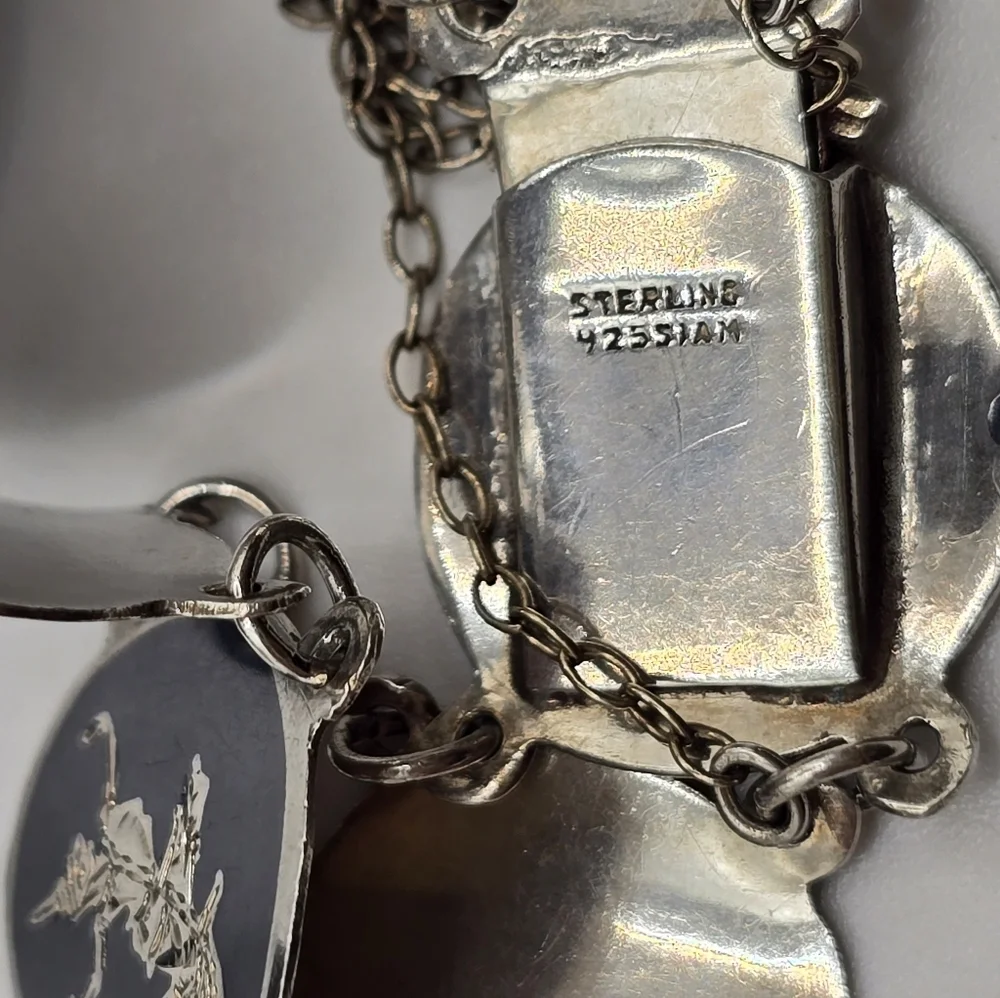 Vintage 1950s Siam Niello Sterling Silver Siam Dancer Fan linked bracelet